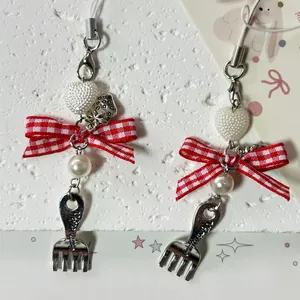 Korean Sweet Strawberry Bow Heart Beaded Phone Charm Alloy Fork Keychain Bag Pendant Jewelry For Women Girls Accessories