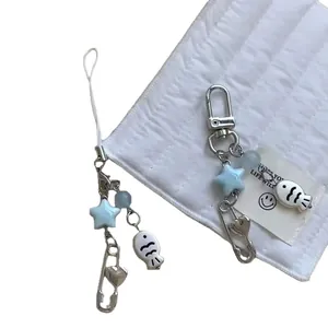 Bijou de téléphone perlé poisson avec étoile bleue, pendentif cœur et crochet argenté pour femme