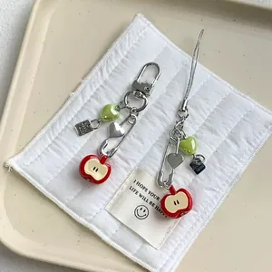 Cute apple and heart bead phone charm with silver safety pin and Good Luck charm