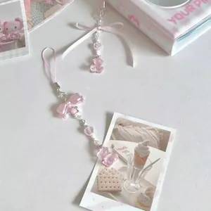 Bijoux de téléphone roses avec perles en cœur et rubans, ensemble d'accessoires mignons