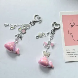 Süße Rosa Wal Delfin Perlen Schlüsselbund Mit Herzschnalle Legierung Harz Taschenanhänger Für Damen Mädchen Y2K Schmuck Geschenk