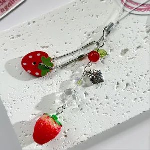 Sweet Strawberry Phone Chain Resin Wood Alloy Beads Phone Strap Bag Charm For Women Girls Korean Style Cute Accessories