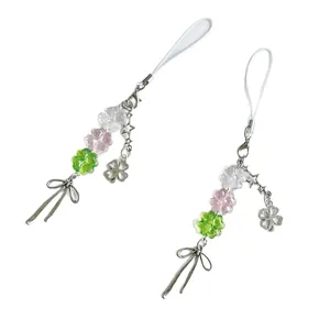 Pendentif trèfle et clé avec perles de cristal roses et vertes pour sacs à main