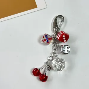 Retro cherry and dice pendant keychain for bags with resin fruit and silver metal charms