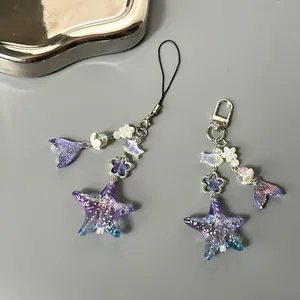 Mermaid Tail Starfish Beaded Phone Chain Gradient Purple Blue Acrylic Resin Bag Charm Keychain For Women Girls Handmade Gift