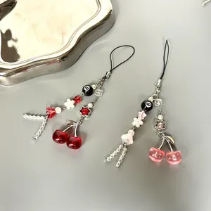 Y2K Ins Style Sweet Cherry Beaded Phone Chain Handmade Resin Acrylic 8-Ball Bag Charm For Women Girl Phone Strap Keyring