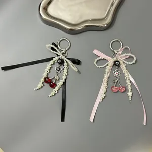 Korean Style Satin Ribbon Bow Artificial Pearl Bead Keychain With Ball Cherry Pendant Handmade Bag Decoration For Women Girls