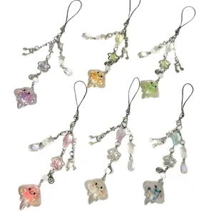 Set of 6 colorful manta ray resin charms with glitter and decorative bead chains