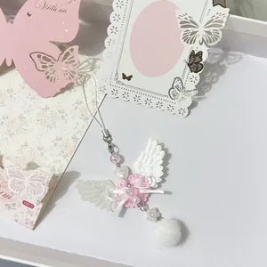 Angel Wing Heart Bag Charm With Plush Ball Ribbon Bow Pink Blue Fabric Keychain For Women Girls Backpack Sweet Hanging Decoration Gift