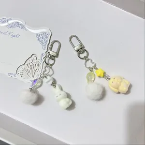 Cute flocked bear and bunny plush keychain charms with heart chains for bags and phones