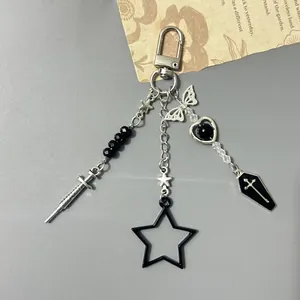 Gothic Y2K star and coffin charms keychain with silver syringe and butterfly pendants