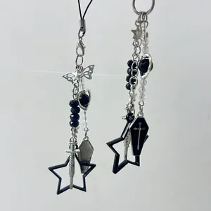Y2K punk style star and cross beaded phone charm with black and silver gothic elements