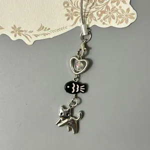 Cute silver cat and black fish pendant keychain with a heart frame for phone or camera