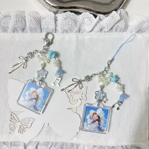 Acrylic Cartoon Anime Girl Photo Frame Keychain Phone Charm Beaded Star Heart Bow Pendant For Bags Girls Fashion Accessory