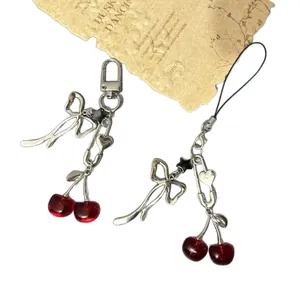 Sweet cherry and silver bow keychain set with heart pin for phone and bags