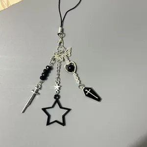 Gothic silver butterfly and black coffin phone charm with star and heart pendants