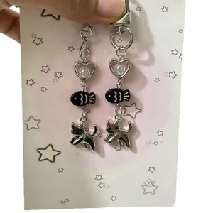 Cute silver cat and black fish bead charms for phone cases and earphone cases with lobster clasp