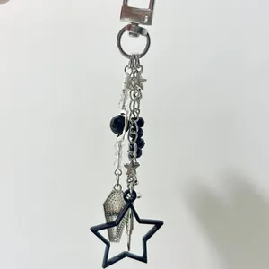 Y2K star and coffin charm beaded phone strap with silver chain and black star pendant