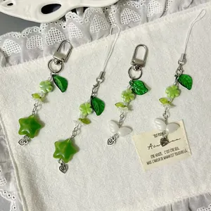 Mori Style Green Four-Leaf Clover Beaded Keychain Phone Strap Star Leaf Butterfly Heart Charm For Bags Phone Women Jewelry
