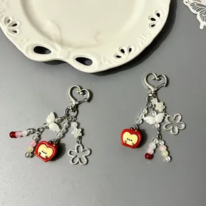 Cute red apple heart pendant keychain with handmade beads and white butterfly charms