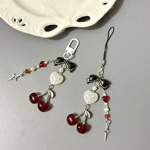 Handgefertigte Perlen Kirsche Handykette Für Damen Süße Herz Schleife Stern Anhänger Schlüsselanhänger Tasche Zubehör Mädchen Stil Schmuck
