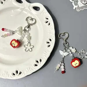 Cute Resin Apple Keychain With Heart Metal Buckle Beaded Butterfly Flower Pendant For Women Bag Decor