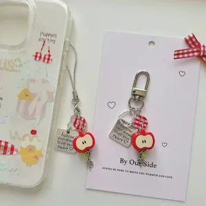 Handmade Beaded Phone Charm Cute Apple Gingham Pendant Inspirational Quote Metal Plate Clover Acrylic Keychain Women Girls