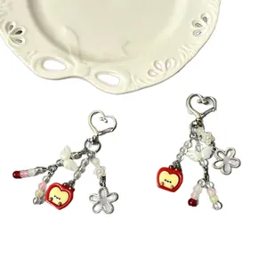 Sweet red apple pendant keychain with heart clasp and colorful beads for bags