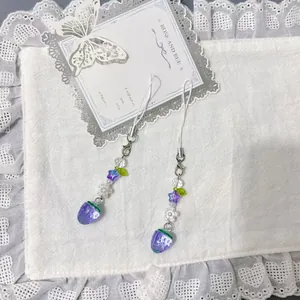 Cute Beaded Strawberry Cherry Phone Charm For Women Girls Sweet Handmade Acrylic Fruit Bag Pendant Keychain Jewelry Gift