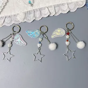 Stern Engel Flügel Schlüsselanhänger Süßer Taschenanhänger Für Damen Mädchen Mit Herz Blumen Perlen Weißer Bommel Y2K Stil Mode Schlüsselring