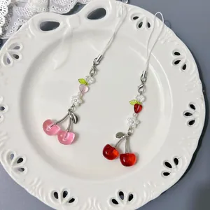 Handmade Cherry Beaded Phone Chain Cute Resin Heart Flower Phone Strap Camera Lanyard Accessories For Women Girls Keychain