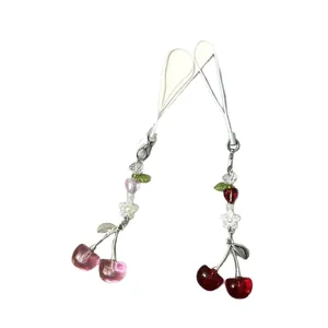 Cute cherry beaded phone charm and keychain set with pink and red fruit pendants
