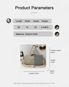 Size guide of beige oxford tote bag showing 46cm length with tablet comparison