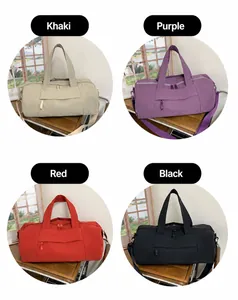 Collage of lightweight nylon tote bags in khaki, purple, red, and black for yoga and travel