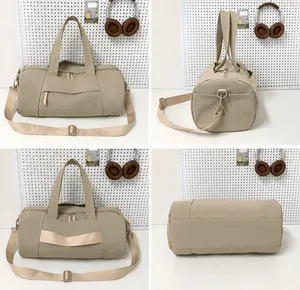 Four-angle view of lightweight beige travel tote bag with adjustable shoulder straps