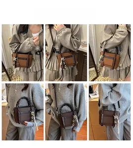 Detail view of stylish tote bags with woven handles and decorative chocolate pendants