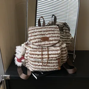 Winter Süßer Gestreifter Wollstoff Rucksack Für Damen Plüsch Kordelzug Klappe Schultasche Mit Bärenanhänger Lässiger Stil Tagesrucksack