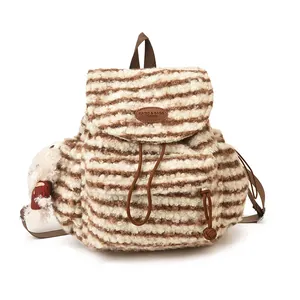 Süßer gestreifter Kunstpelz-Rucksack für Damen in Braun und Creme mit Plüsch-Optik