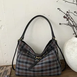 Damen Retro Karo Große Kapazität Schultertasche Minimalistisch PU Wolle Nähte Tote Tasche Für College Alltag Pendeln Hobo Tasche