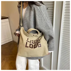 Detail view of the LOGG print canvas tote bag with adjustable shoulder straps and handles