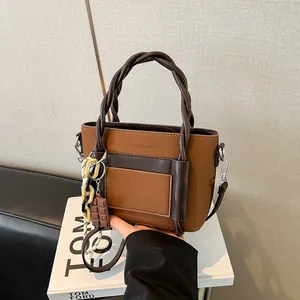 Women Retro PU Leather Tote Bag With Braided Handle Color Block Crossbody Shoulder Bag With Chocolate Charm Daily Fashion Purse