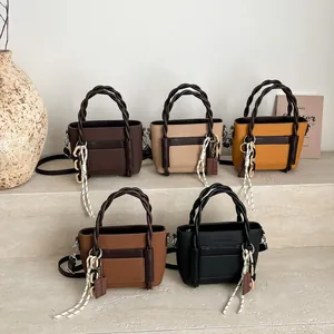 Litchi pattern leather handbags with woven handles in five colors for winter style