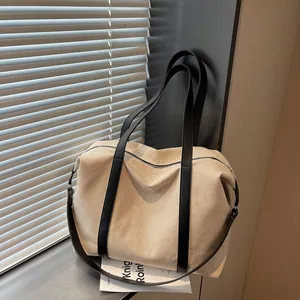 Women's Casual Large Capacity Canvas Tote Bag With Synthetic Leather Handle Travel Commute Fashion Shoulder Handbag Large Bag