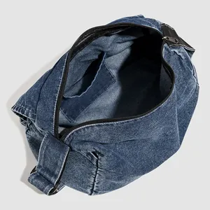 Winter 2025 washed blue denim messenger bag with zipper interior and large capacity