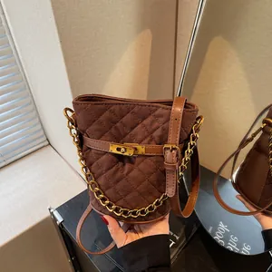Women Quilted Suede Look Bucket Bag Fashion Gold Chain Crossbody Shoulder Bag Retro Solid Color Office Commute Small Handbag