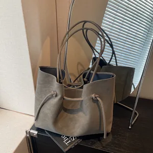 Vintage PU-Leder Tote-Bag Und Beutel Für Damen Große Kapazität Kordelzug Schultertasche Retro Wildleder-Textur Handtasche Pendeln