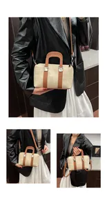 Detail of woven texture pillow bag with brown leather handles and removable shoulder strap