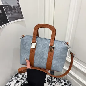 Retro Woven Texture PU Leather Boston Bag Women Color Block Handbag With Adjustable Single Shoulder Strap For Commuting