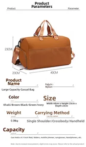Detail of multi-functional nylon gym bag showing separate shoe compartment and front mesh pocket