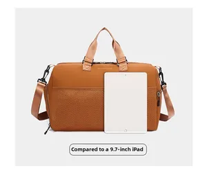 Brown travel bag size comparison showing it next to a 9.7-inch iPad for scale